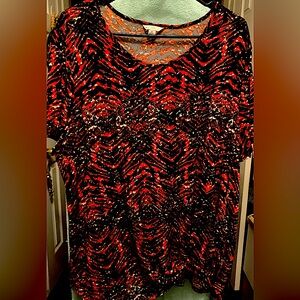 Cato-Women's Brick Red and Black Patterned Top with cinched waist design